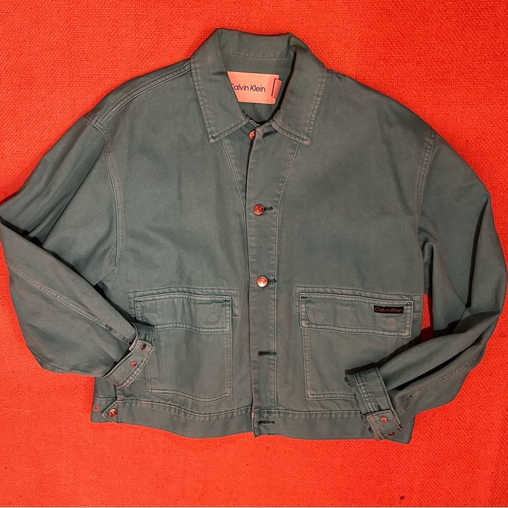 teal cropped calvin klein jacket
